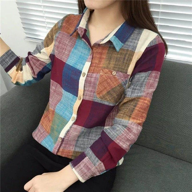 Office Lady Plaid Print Button Turn-down Collar Long Sleeve Straight Blouses Fashion Spring Autumn New Shirt Women&#39;s Clothing 0 DailyAlertDeals Red S 