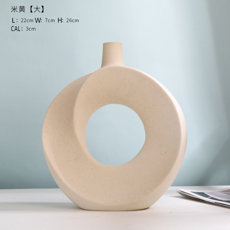 Nordic Modern Ceramic Vases for Decor Circular Hollow Donuts Vases for Flowers Pot Home Living Room Decoration Accessories Interior Office Desktop Decor Gift Vases DailyAlertDeals NIUWEN H P-Y-L  