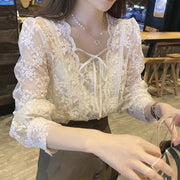 Chic Vintage Lace Blouse Women Sweet Puff Long Sleeve Crochet Women Shirt French Lace-up Square Collar Loose Tops Blusas 17442 0 DailyAlertDeals   