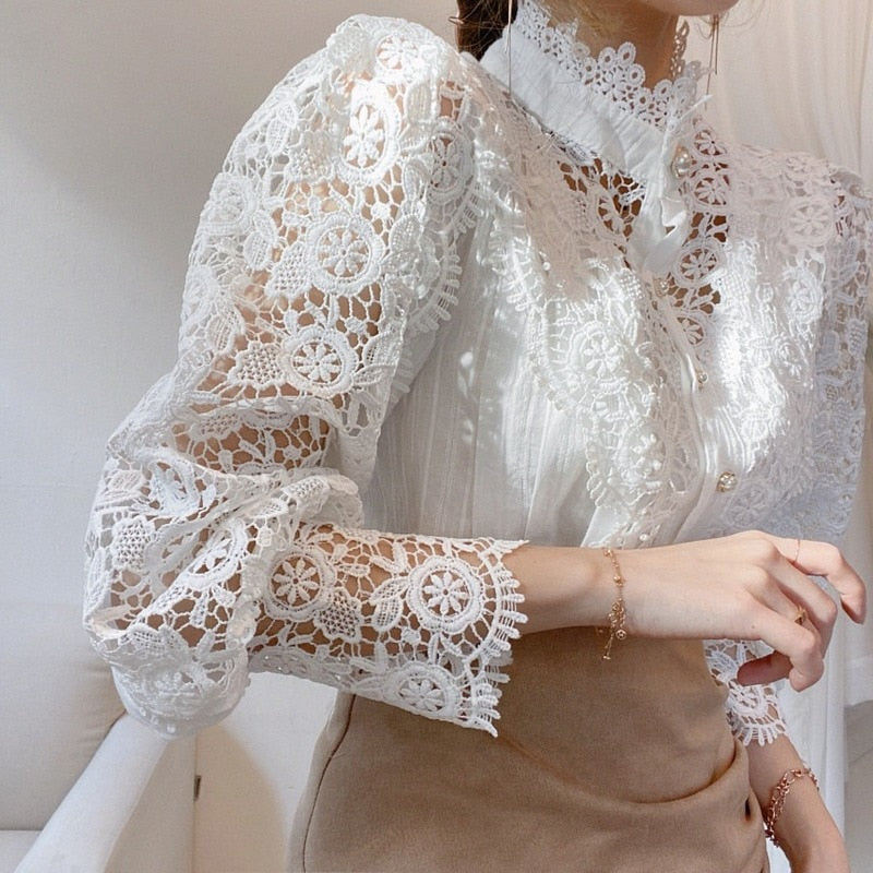 Chic Hollow Out Flower Lace Shirt Stand-Collar All-Match Summer Blouses 2022 Petal Sleeve Patchwork Women Top Femme Blusas 12419 0 DailyAlertDeals   