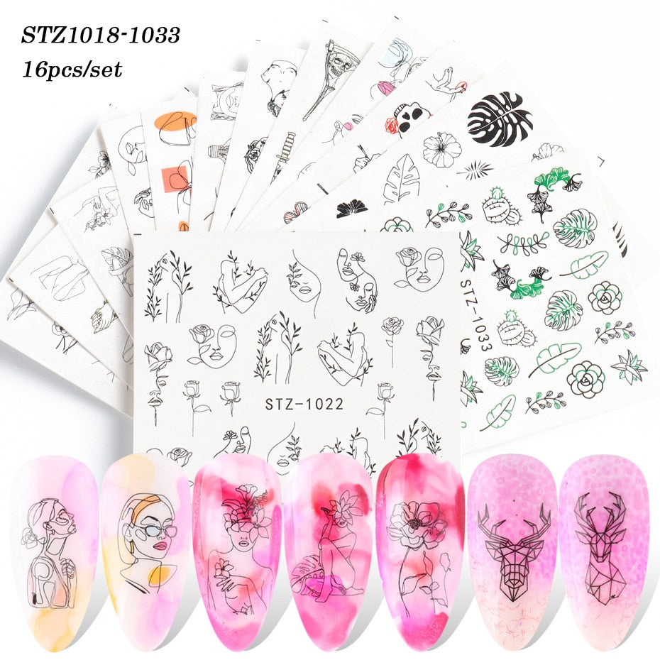 18-50Pcs/Set Mixed Design New Nail Art Sticker Set Black Lace Gold Silver Glitter Flower Water Decal Slider Wraps Decor Manicure Nail Sticker DailyAlertDeals STZ1018-1033(16pcs)  