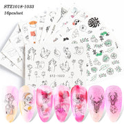 18-50Pcs/Set Mixed Design New Nail Art Sticker Set Black Lace Gold Silver Glitter Flower Water Decal Slider Wraps Decor Manicure Nail Sticker DailyAlertDeals STZ1018-1033(16pcs)  