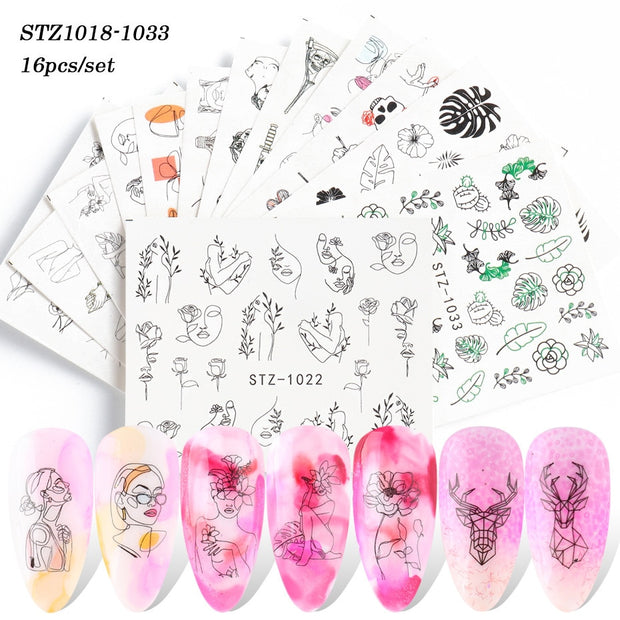 18-50Pcs/Set Mixed Design New Nail Art Sticker Set Black Lace Gold Silver Glitter Flower Water Decal Slider Wraps Decor Manicure Nail Sticker DailyAlertDeals STZ1018-1033(16pcs)  