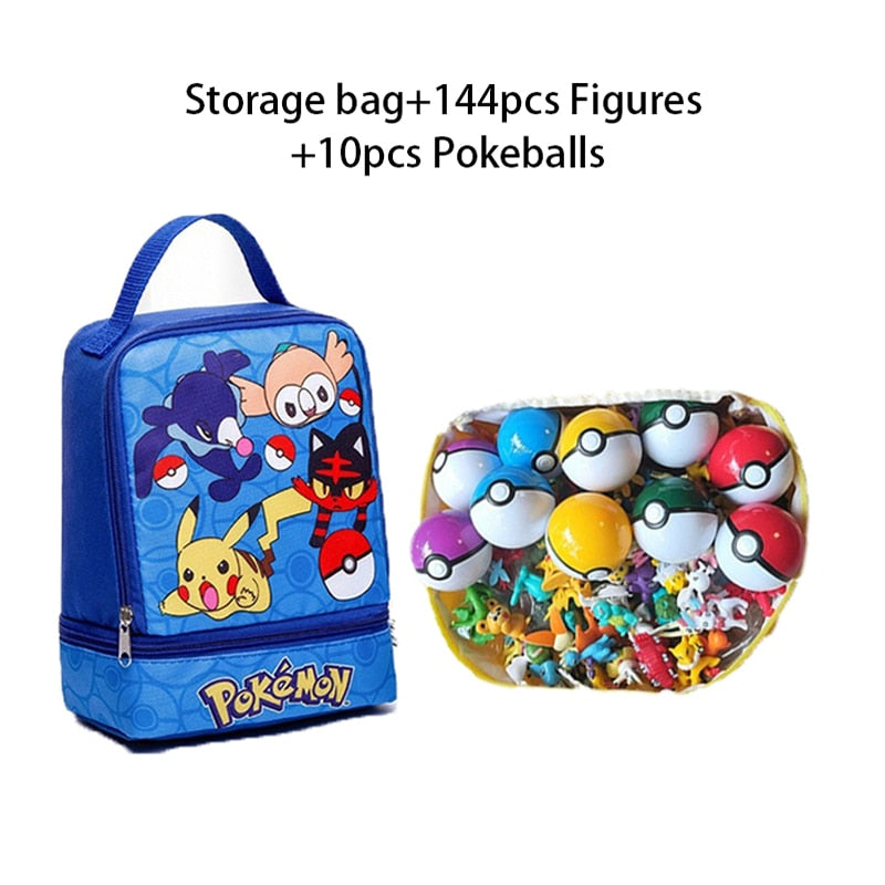 144Pcs/Set Pokemon Anime Figure with Storage Bag Kawaii Pikachu Action Figures Pokeball Dolls for Children Toys Gifts Pokemon Action Figures DailyAlertDeals Pokeball Blue Set 2-3cm figures 