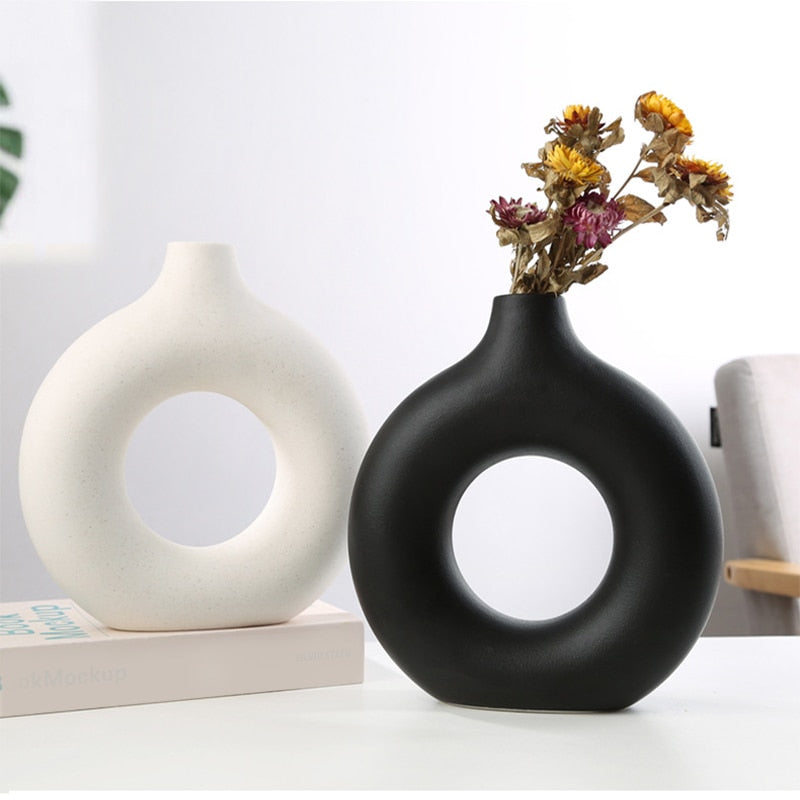 Nordic Modern Ceramic Vases for Decor Circular Hollow Donuts Vases for Flowers Pot Home Living Room Decoration Accessories Interior Office Desktop Decor Gift Vases DailyAlertDeals   