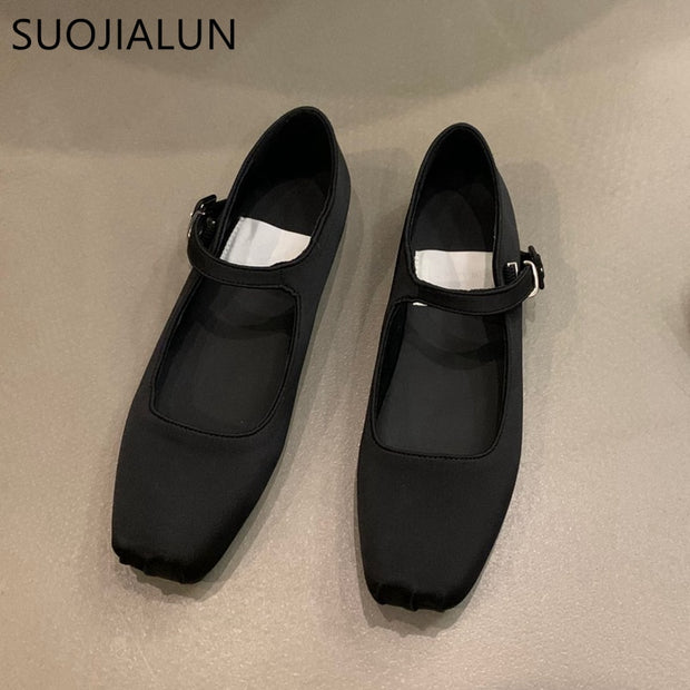 SUOJIALUN 2023 Spring New Women Flat Shoes Fashion Silk Square Toe Shallow Ladies Ballet Shoes Soft Casual Flat Mary Jane Shoes 0 DailyAlertDeals   