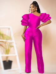 Women Jumpsuits Shiny Skew Collar Puff Sleeves High Waist One Piece Slim Elegant Office Ladies Summer Fashion Party Elegant New High Waist One Piece Slim Elegant Suit for women DailyAlertDeals Rose S 
