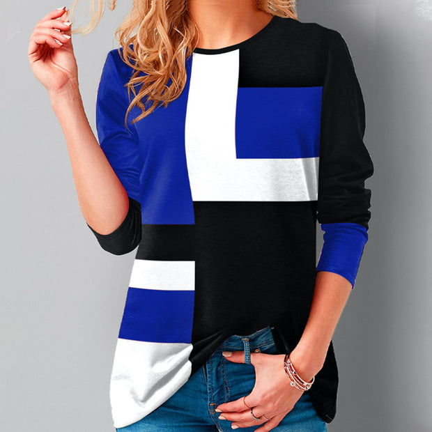 Women Loose Casual Round Neck Geometric Print Long Sleeve Plus Size Autumn Tshirt Tops Blouses 0 DailyAlertDeals Blue S 