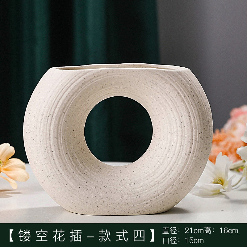 Nordic Modern Ceramic Vases for Decor Circular Hollow Donuts Vases for Flowers Pot Home Living Room Decoration Accessories Interior Office Desktop Decor Gift Vases DailyAlertDeals H  