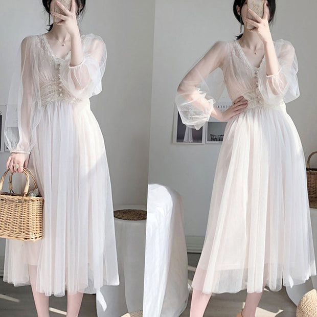 2022 Women Spring New Dress Vintage Elegant with Button A-Line Dress Solid Puff Sleeve Lace Voile Mesh Dress Women Vestidos 8126 0 DailyAlertDeals   
