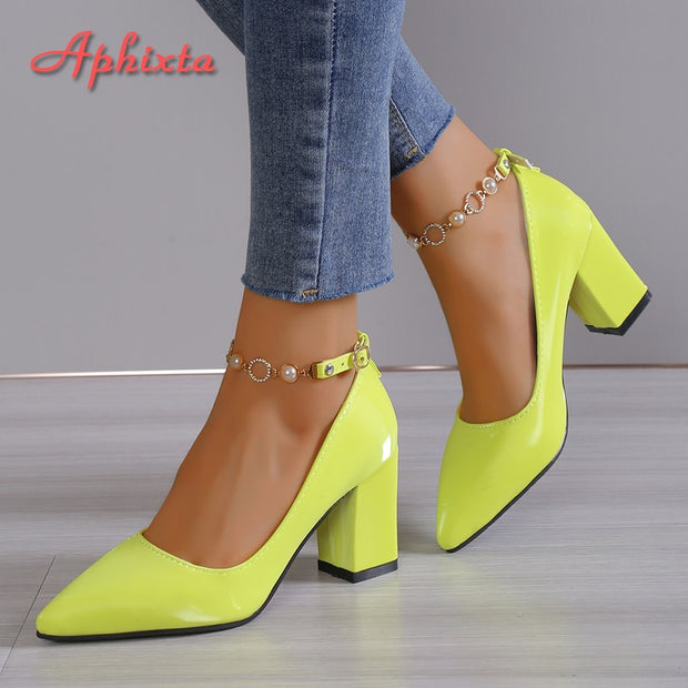 Aphixta 2023 New Luxury Rhinestone Pearl Chain 7cm Chunky Heels Pumps Women Shoes String Bead Pointed Toe Bling Crystals Pumps shoes DailyAlertDeals   