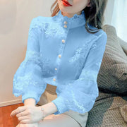 Lace Embroidered White Blouse Women Sweet Tops Stand Collar Elegant Chiffon Shirts Lantern Sleeve Vintage Blouses Women 21518 0 DailyAlertDeals Blue S 