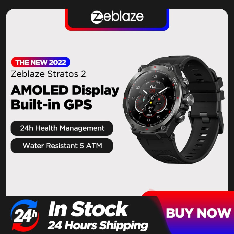 Zeblaze Stratos 2 GPS Smart Watch AMOLED Display 24h Health Monitor 5 ATM Long Battery Life Smartwatch for Men smart watch DailyAlertDeals   