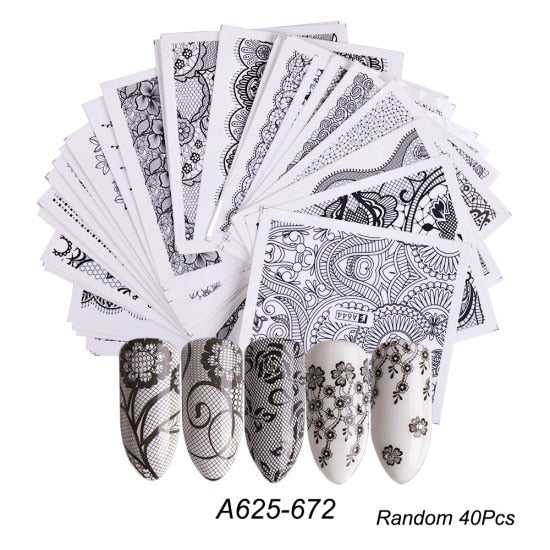 18-50Pcs/Set Mixed Design New Nail Art Sticker Set Black Lace Gold Silver Glitter Flower Water Decal Slider Wraps Decor Manicure Nail Sticker DailyAlertDeals A625-672 (40pcs)  