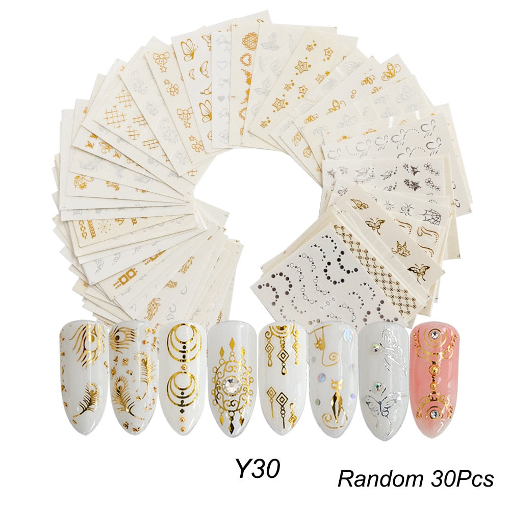 18-50Pcs/Set Mixed Design New Nail Art Sticker Set Black Lace Gold Silver Glitter Flower Water Decal Slider Wraps Decor Manicure Nail Sticker DailyAlertDeals   