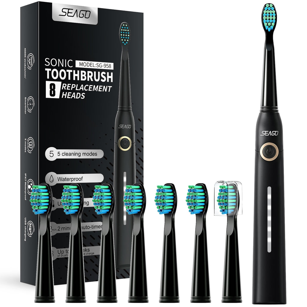 Seago Sonic Electric Toothbrush Tooth brush USB Rechargeable adult Waterproof automatic 5 Mode with Travel case Toothbrushes DailyAlertDeals USA 958Hei-8st 