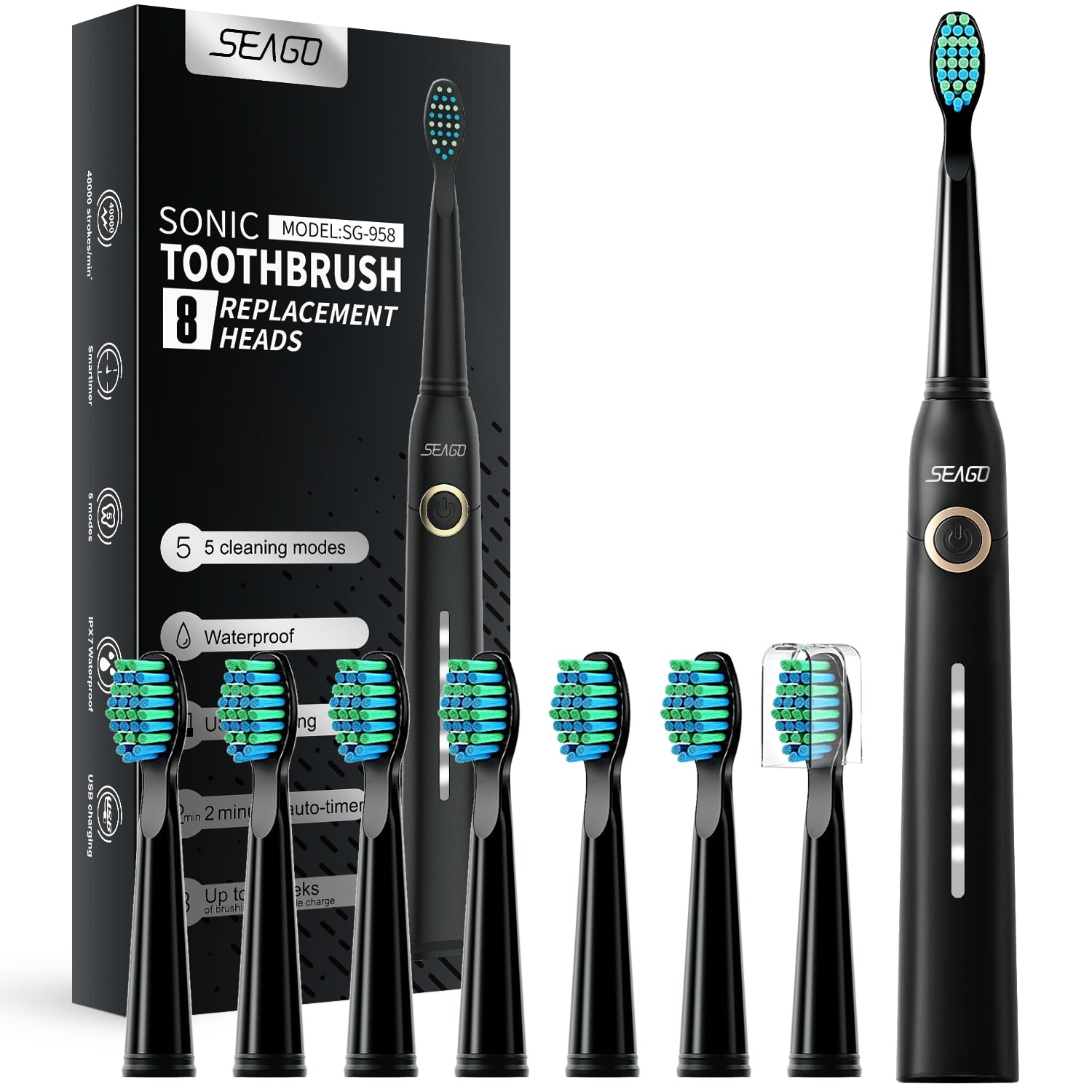 Seago Sonic Electric Toothbrush Tooth brush USB Rechargeable adult Waterproof automatic 5 Mode with Travel case Toothbrushes DailyAlertDeals USA 958Hei-8st 