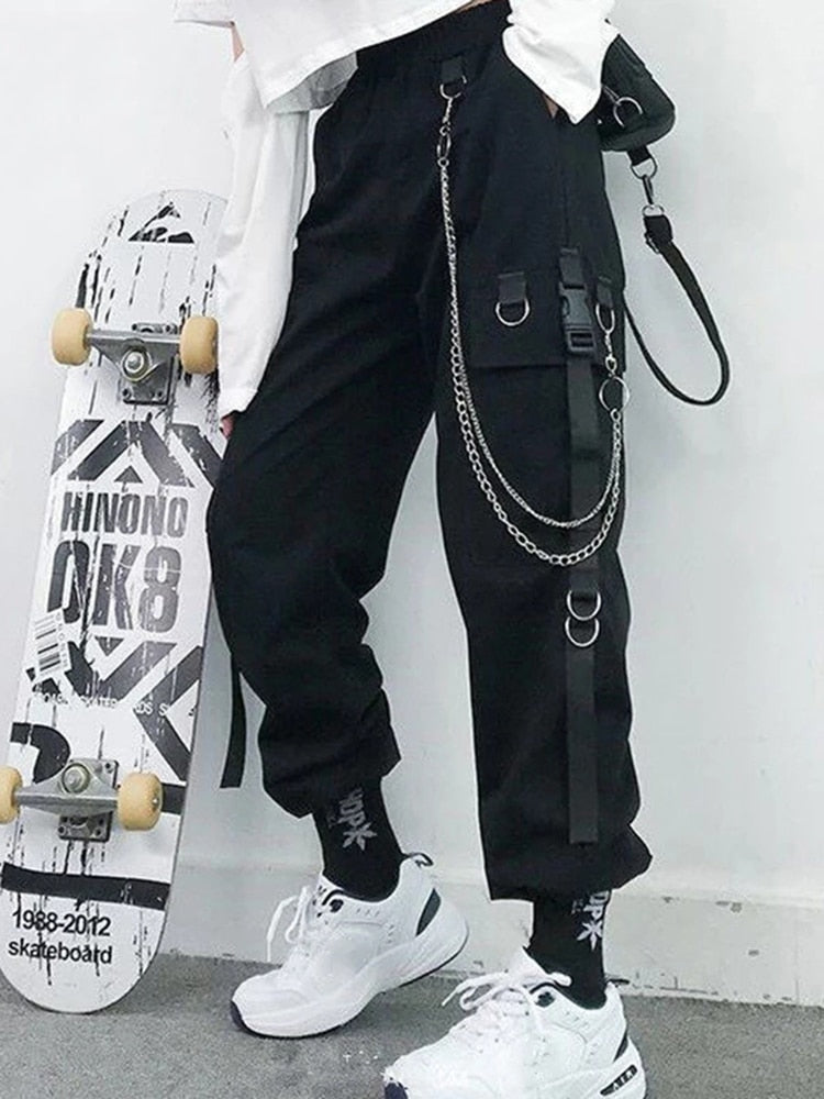 Women Cargo Pants 2021 Harem Pants Fashion Punk Pockets Jogger Trousers With Chain Harajuku Elastics High Waist Streetwear 0 DailyAlertDeals   