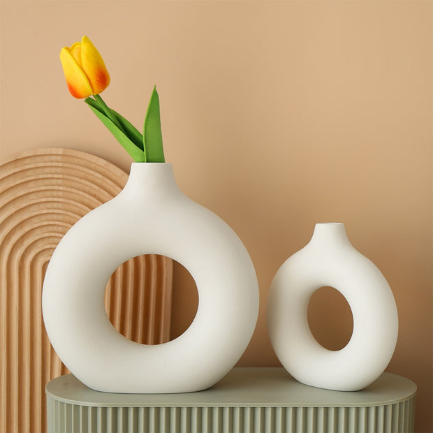 Nordic Modern Ceramic Vases for Decor Circular Hollow Donuts Vases for Flowers Pot Home Living Room Decoration Accessories Interior Office Desktop Decor Gift Vases DailyAlertDeals   