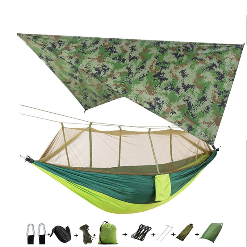 Lightweight Portable Camping Hammock and Tent Awning Rain Fly Tarp Waterproof Mosquito Net Hammock Canopy 210T Nylon Hammocks Camping Hammock and Tent DailyAlertDeals camou and lightgreen  