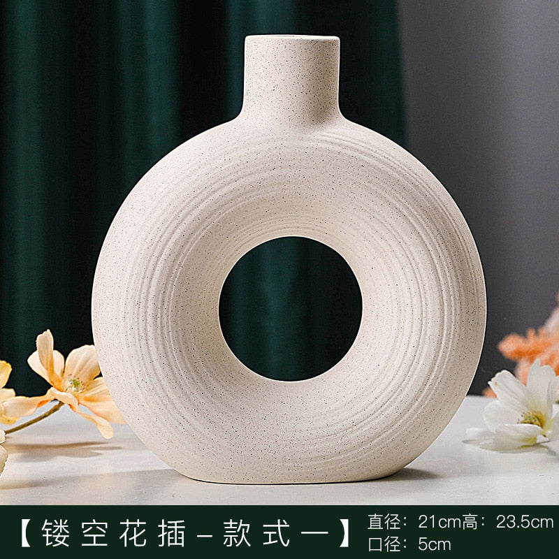 Nordic Modern Ceramic Vases for Decor Circular Hollow Donuts Vases for Flowers Pot Home Living Room Decoration Accessories Interior Office Desktop Decor Gift Vases DailyAlertDeals K-M  