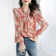 Elegant Fashion Bow Lace Chiffon Floral Blouse Woman 2022 Autumn New Office Lady Commute All-match Loose Printed Ruffles Shirts 0 DailyAlertDeals Red S 