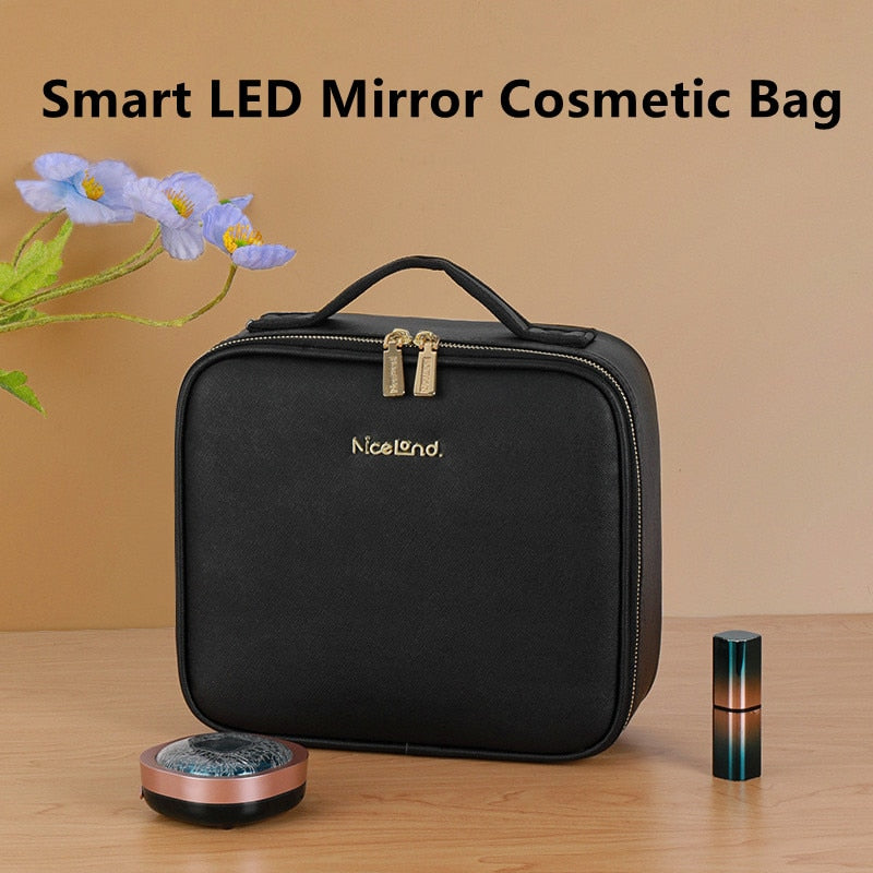 Smart LED Cosmetic Case with Mirror Cosmetic Bag Large Capacity Fashion Portable Storage Bag Travel Makeup Bags for Women makeup bag with mirror light DailyAlertDeals LED Black  Small United States 