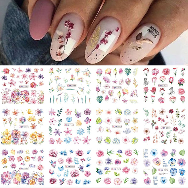 12 Designs Nail Stickers Set Mixed Floral Geometric Nail Art Water Transfer Decals Sliders Flower Leaves Manicures Decoration 0 DailyAlertDeals 48  
