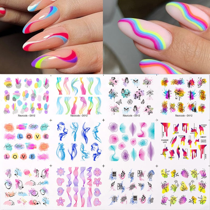 12 Designs Nail Stickers Set Mixed Floral Geometric Nail Art Water Transfer Decals Sliders Flower Leaves Manicures Decoration 0 DailyAlertDeals