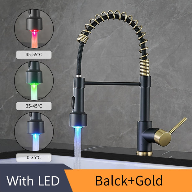Kitchen Faucets Brush Brass Faucets for Kitchen Sink  Single Lever Pull Out Spring Spout Mixers Tap Hot Cold Water Crane 9009 Brass Faucets for Kitchen DailyAlertDeals LED Black Gold China 