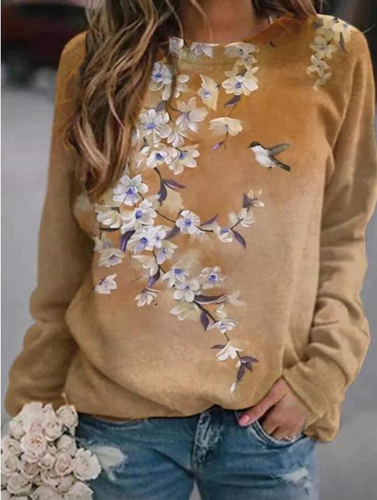 Autumn Women&#39;s Printed Long Sleeve Casual Round Neck Floral print T-shirt Loose Plus Size Top 0 DailyAlertDeals Yellow S 