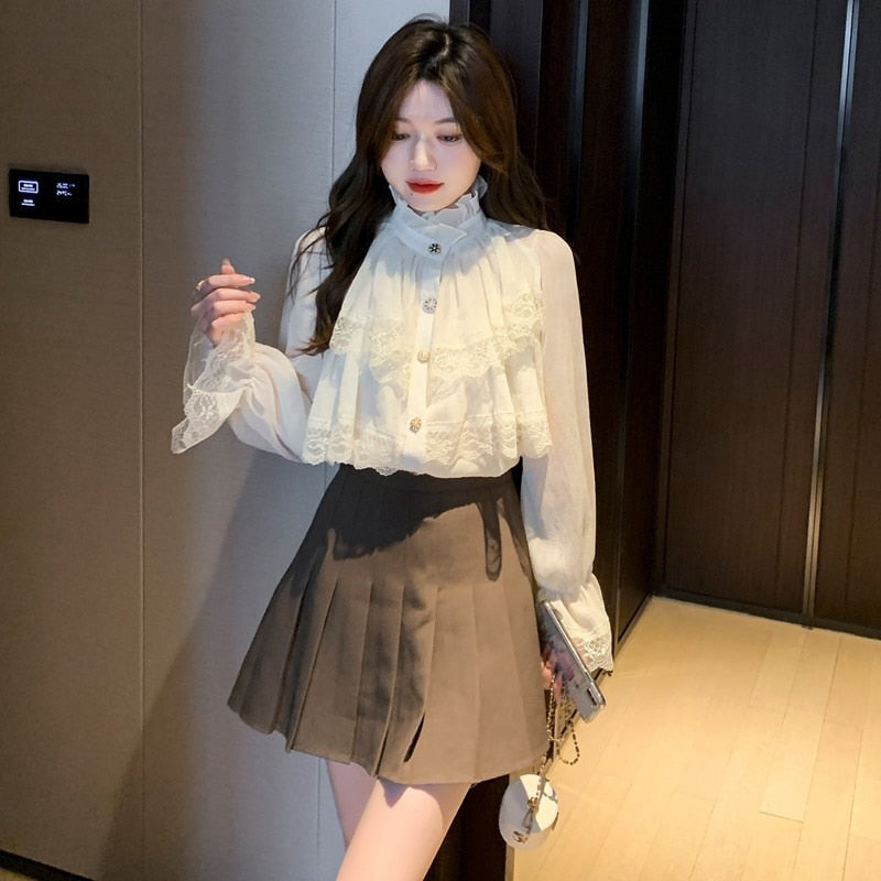 Fashion Korean Blouse Women Blusas Stand Collar Chiffon Shirts Long Sleeve Ruffles Lace Blouses Vintage Elegant Femme Tops 23057 0 DailyAlertDeals   