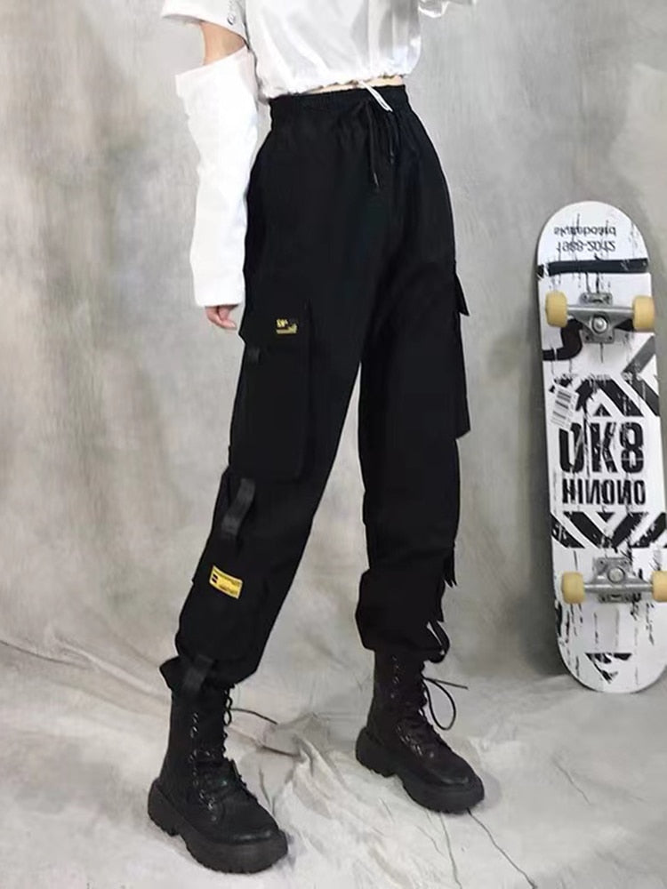 Women Cargo Pants 2021 Harem Pants Fashion Punk Pockets Jogger Trousers With Chain Harajuku Elastics High Waist Streetwear 0 DailyAlertDeals style 2 black S 
