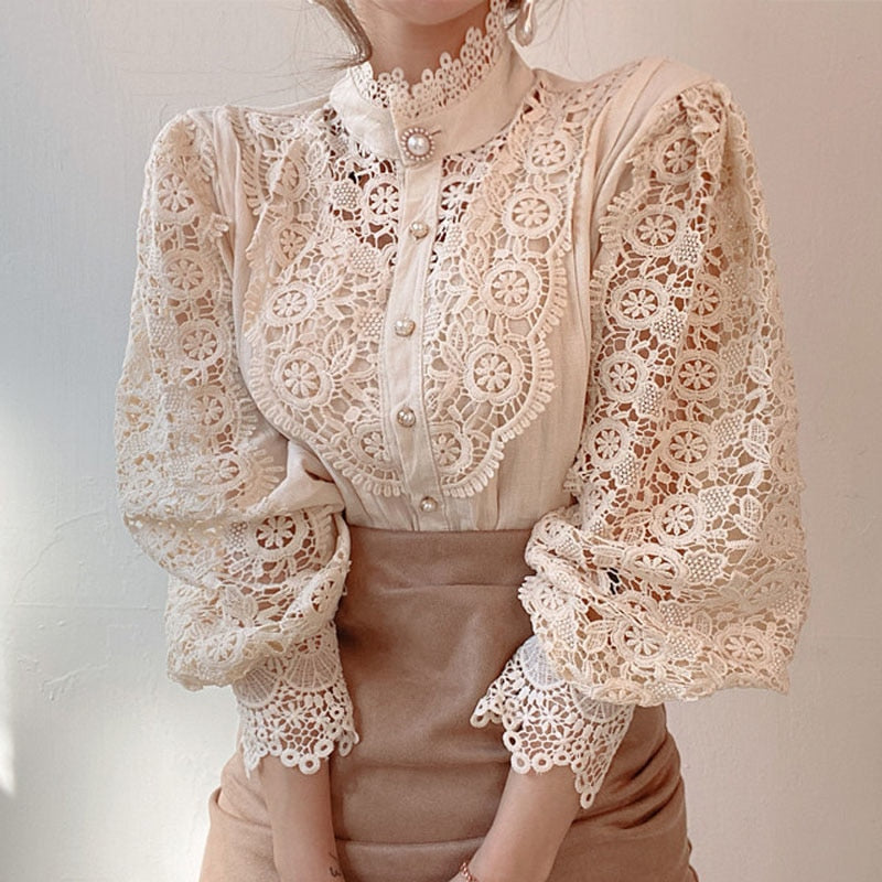 Chic Hollow Out Flower Lace Shirt Stand-Collar All-Match Summer Blouses 2022 Petal Sleeve Patchwork Women Top Femme Blusas 12419 0 DailyAlertDeals   