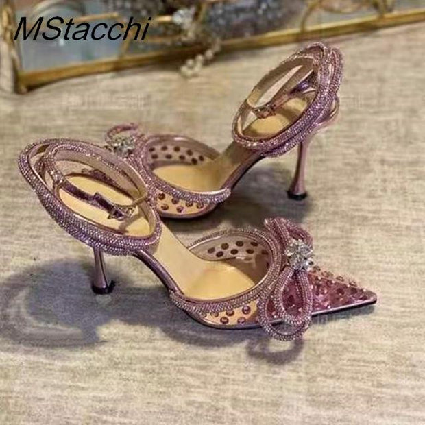 Glitter Rhinestones Women Pumps Crystal Bowknot Satin Sandals 2023 Summer Transparent Shoes High Heels Party Prom Designer Shoes  DailyAlertDeals Pink 2 35 