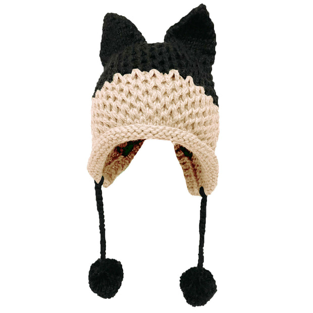 BomHCS Cute Fox Ears Beanie Winter Warm 100% Handmade Knit Hat 0 DailyAlertDeals Black Beige  