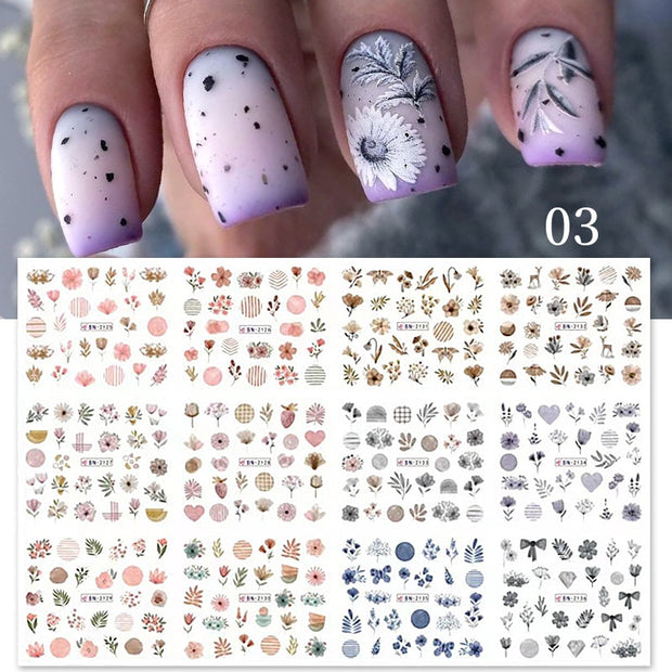 12 Designs Nail Stickers Set Mixed Floral Geometric Nail Art Water Transfer Decals Sliders Flower Leaves Manicures Decoration 0 DailyAlertDeals A03  