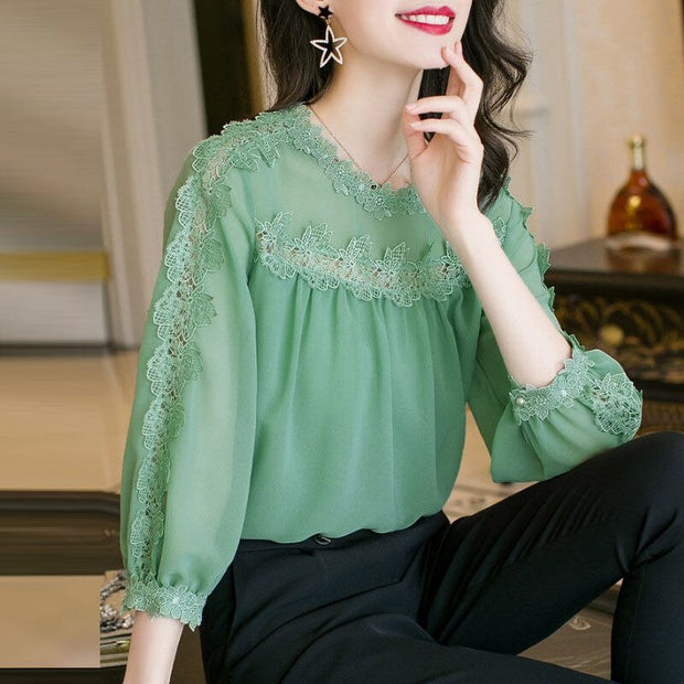 Elegant O-Neck Spliced Chiffon Hollow Out Lace Blouse Women&#39;s Clothing 2022 New Casual Pullovers Commute Lantern Sleeve Shirt 0 DailyAlertDeals   