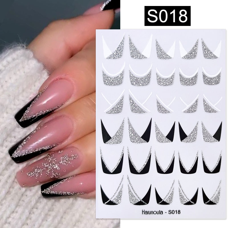 Harunouta Silver Black Geometric Textured Lines Stripe 3D Nail Sticker Flower Leaves Self Adhesive Transfer Sliders Paper Nail Stickers DailyAlertDeals S018  