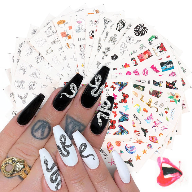 18-50Pcs/Set Mixed Design New Nail Art Sticker Set Black Lace Gold Silver Glitter Flower Water Decal Slider Wraps Decor Manicure Nail Sticker DailyAlertDeals STZ1050-1065(16pcs)  