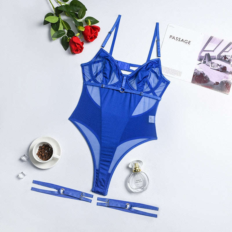 One-piece Backless Erotic Bodysuit Women Black Sexy Nude lingerie Mesh Patchwork nude Lingerie for Women DailyAlertDeals Blue S 