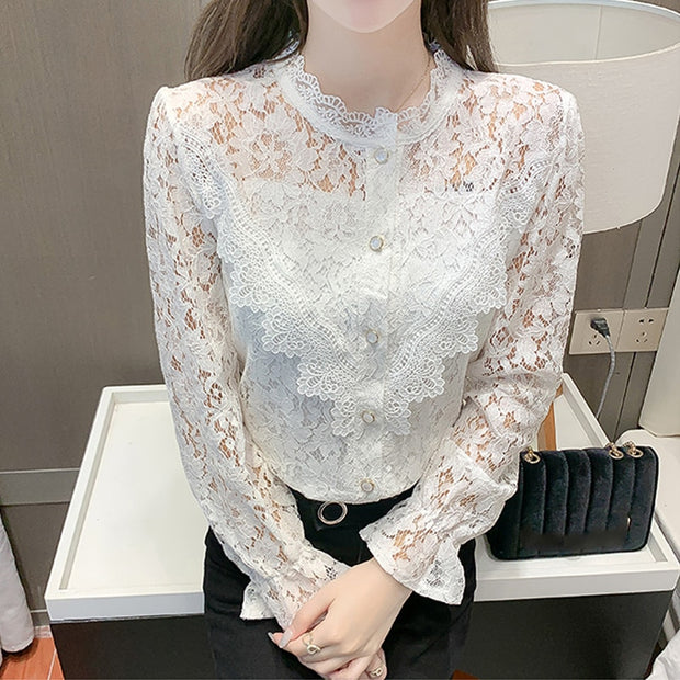 Fashion New Elegant Lace Shirt Women Long Sleeve White Blouse Women Slim Hollow Out Stand Collar Blouses Tops Woman Blusas 17246 0 DailyAlertDeals   