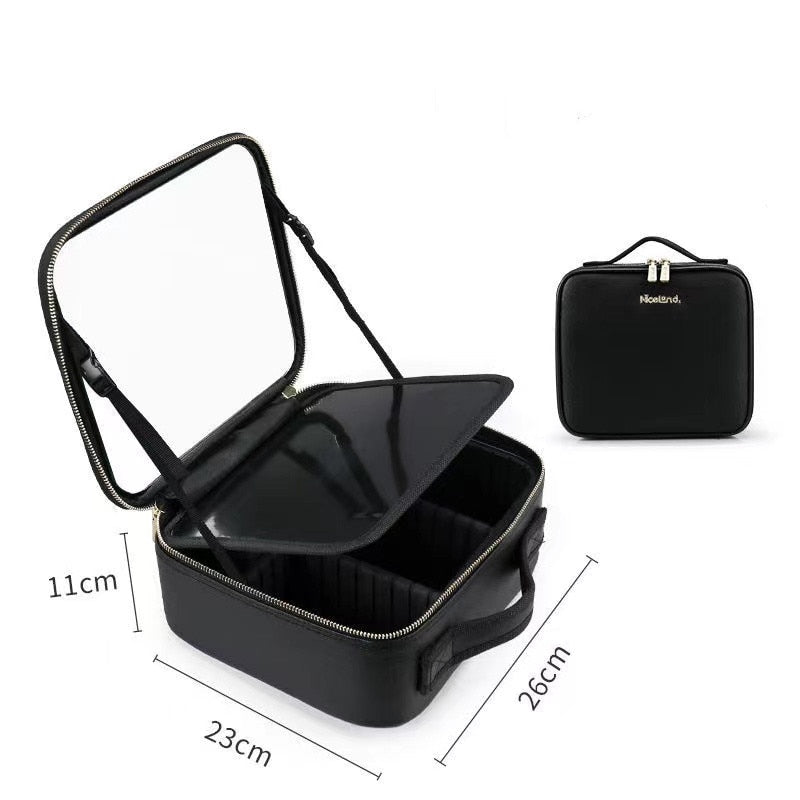 Women LED Light Cosmetic Bag 4K Full Screen Mirror Cosmetic Case Luxury PU Large Capacity Portable Travel Makeup Bags for Women Women LED Light Cosmetic Bag DailyAlertDeals NO LED Black China 