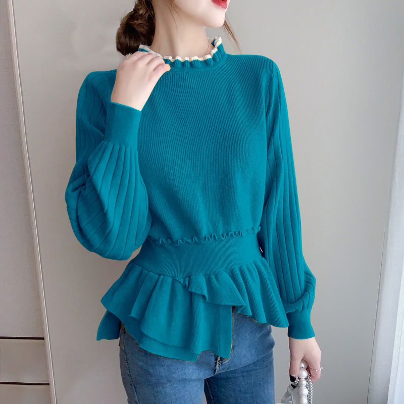 Fashion Ruffles Spliced Knitted Folds Asymmetrical Sweaters Women&#39;s Clothing 2022 Autumn New Loose Casual Pullovers Korean Tops 0 DailyAlertDeals Blue XS 