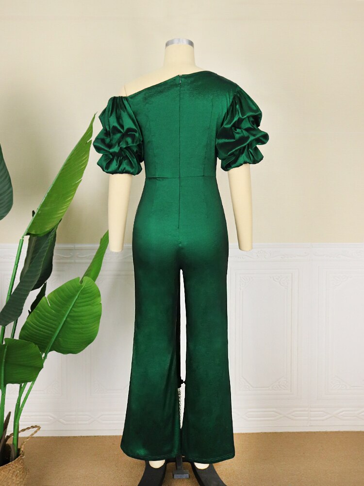 Women Jumpsuits Shiny Skew Collar Puff Sleeves High Waist One Piece Slim Elegant Office Ladies Summer Fashion Party Elegant New High Waist One Piece Slim Elegant Suit for women DailyAlertDeals   