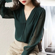 Elegant Summer Gauze Long Sleeve Solid Color Button V-neck Blouses Straight Loose Chiffon Thin Comfortable Women&#39;s Clothing 2022 0 DailyAlertDeals   