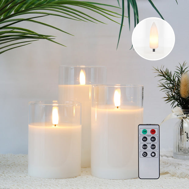 3Pcs Glass Wax Flameless Candles 3D Effect LED Candles White Wax Battery Candles with 8-Key Remote Control Home Decor Candles DailyAlertDeals   
