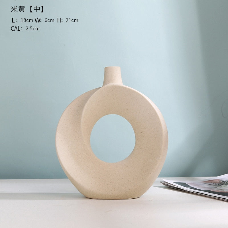 Nordic Modern Ceramic Vases for Decor Circular Hollow Donuts Vases for Flowers Pot Home Living Room Decoration Accessories Interior Office Desktop Decor Gift Vases DailyAlertDeals NIUWEN H P-Y-M  