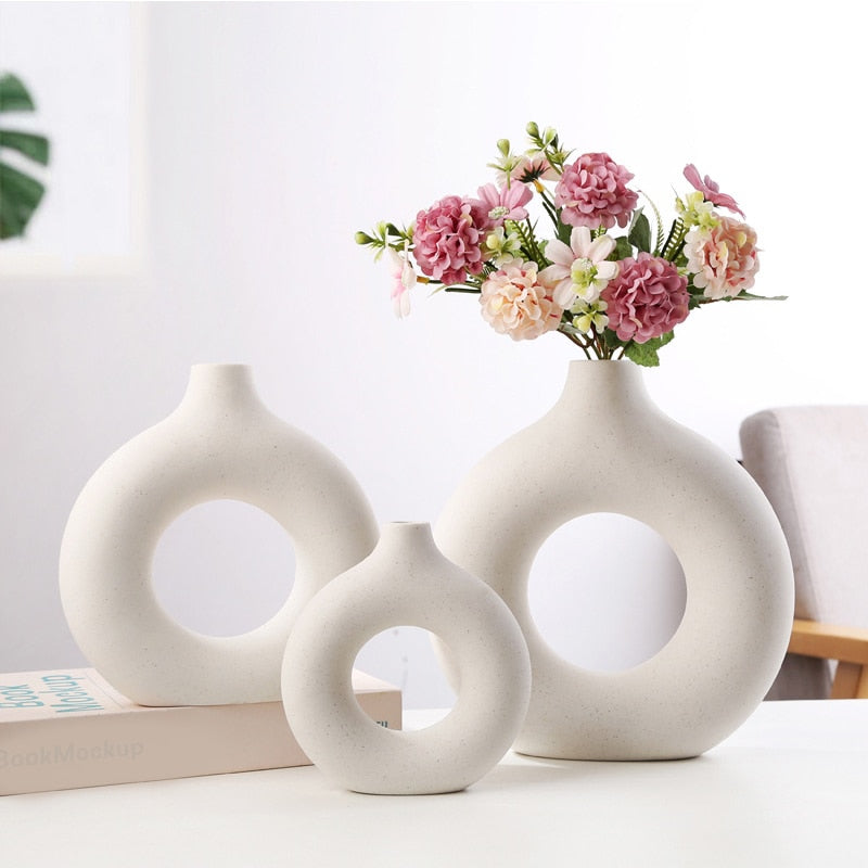 Nordic Modern Ceramic Vases for Decor Circular Hollow Donuts Vases for Flowers Pot Home Living Room Decoration Accessories Interior Office Desktop Decor Gift Vases DailyAlertDeals   