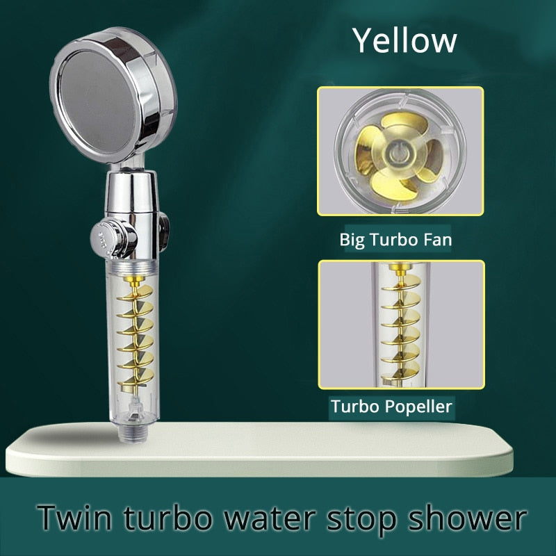 Strong Pressurization Spray Nozzle Water Saving  Rainfall 360 Degrees Rotating With Small Fan Washable Hand-held Shower Head Hand Shower DailyAlertDeals double turbo yellow  